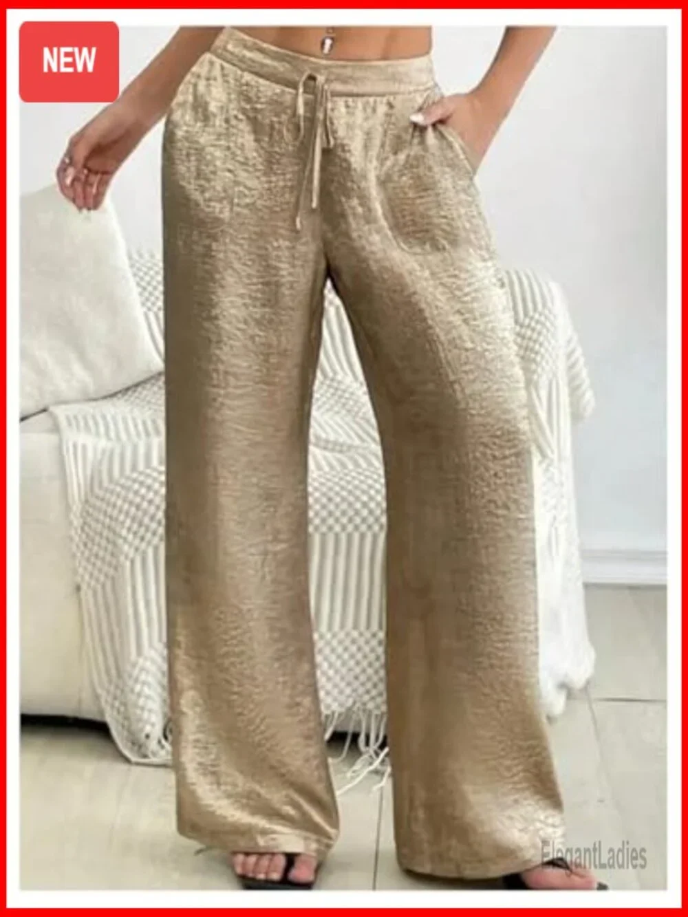 Low Rise Wide Leg Palazzo Pants Elastic Waist Drawstring Casual Trousers - Picture 5 of 5